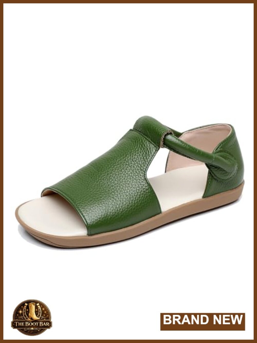 Genuine Leather Round Open Toe Flat Roman Sandals with Hook and Loop Closure